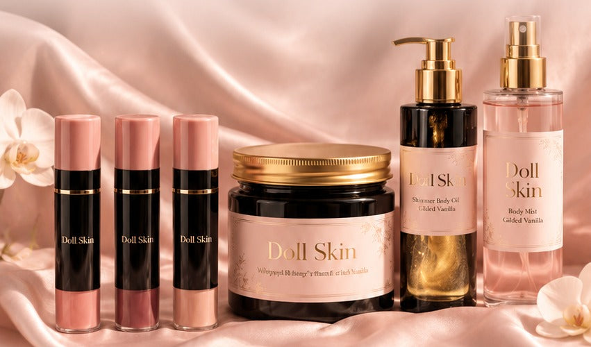 Doll Skin lip balm, whipped body butter and shimmer body oil collection on blush satin